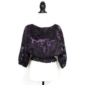 Helene Blake Black Purple Sheer Cropped Blouse Size Small